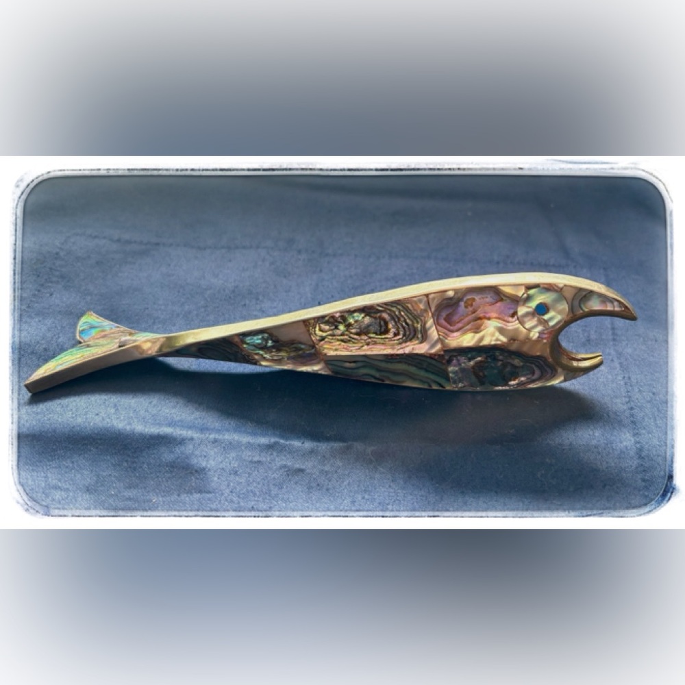 Abalone Shell Inlay SpooVintage Mexican Abalone Fish Bottle Opener.